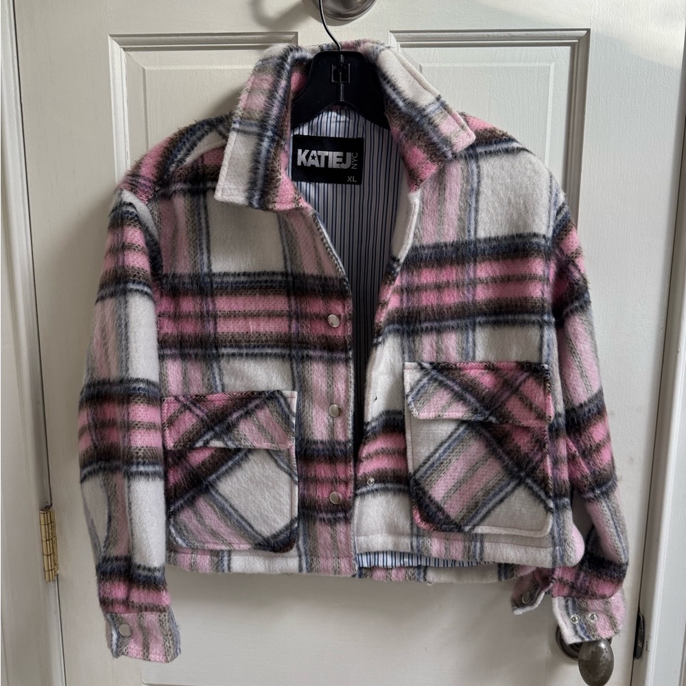 Kate J NYC Pink and White Plaid Kids Jacket Size XL